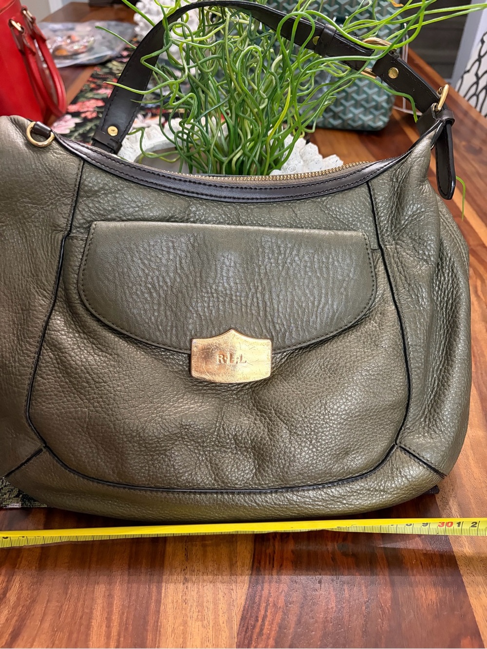 Vintage Ralph Lauren Olive Green Leather Shoulder Bag